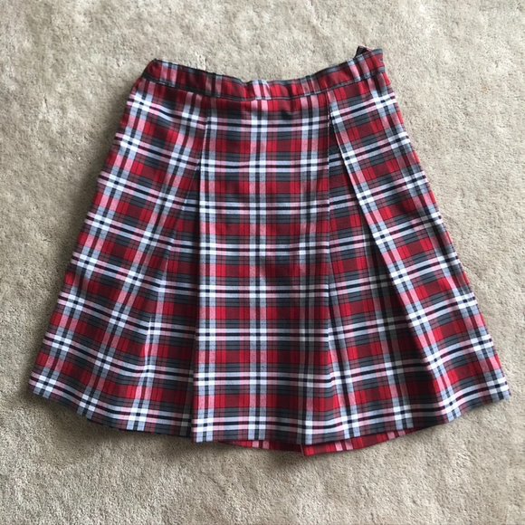 Pleated Red, Gray, and White Plaid Skirt - Picture 1 of 3